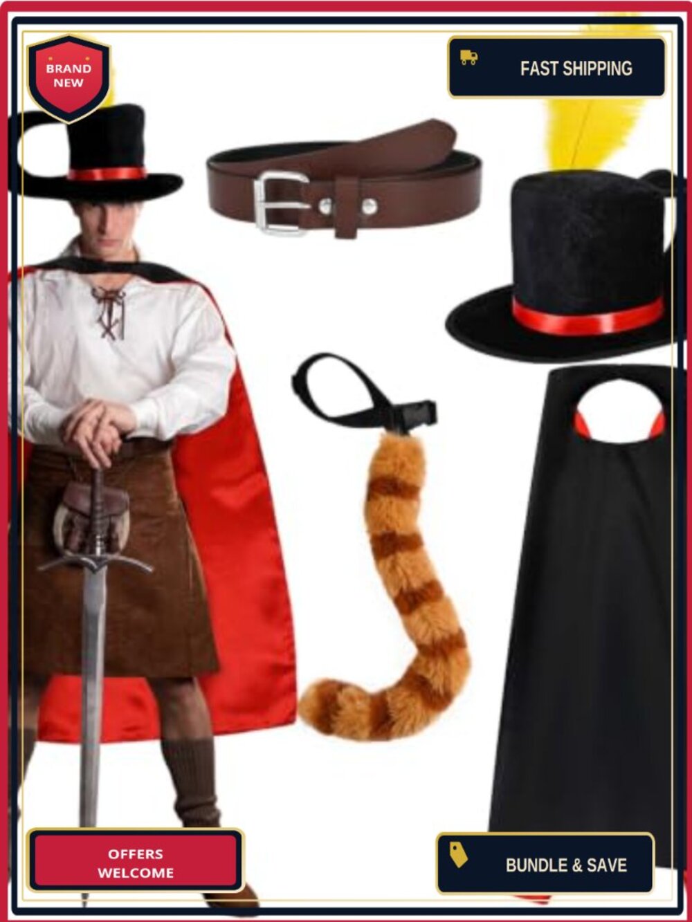 Cat Cosplay Costume Set 4 Piece Feather Hat Cape Belt Tail PU Leather Adult